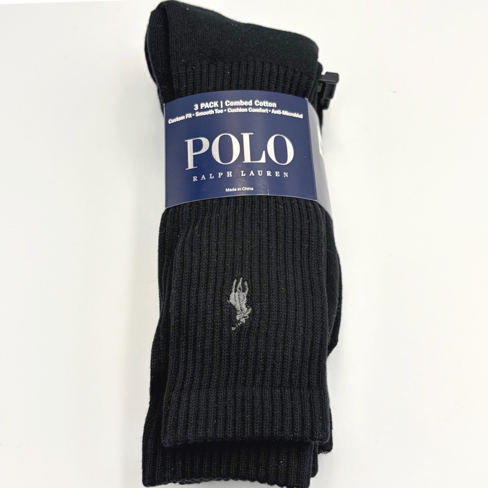 Polo Ralph Lauren Mens 3 Pack Black Combed Cotton Ribbed Crew Socks Size 10-13